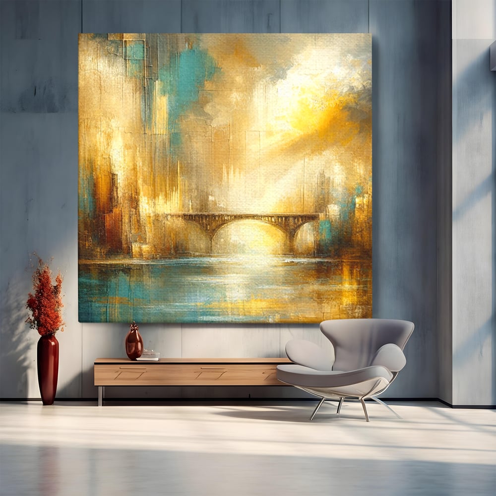 Tablou canvas cu pictura abstracta cu pod si oras, fara rama, pe sasiu de lemn
